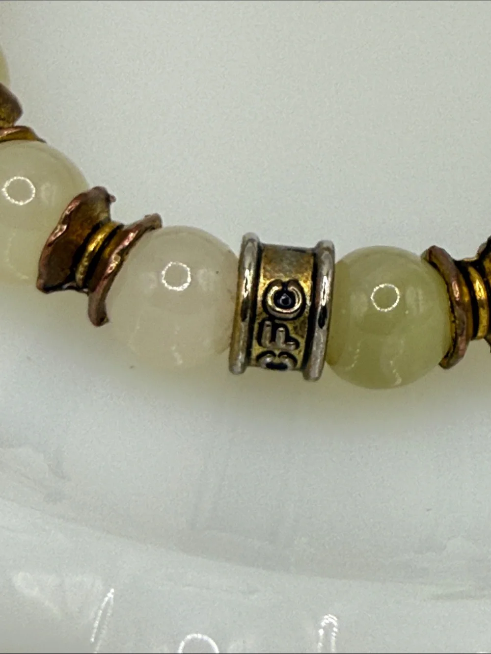 CFC signed Green and Cream Beaded Stretch gemstone bracelet neutral green beige